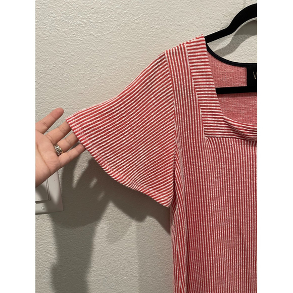 W5 Red White Stripe Short Flutter Square Neck Blouse - Picture 4 of 4